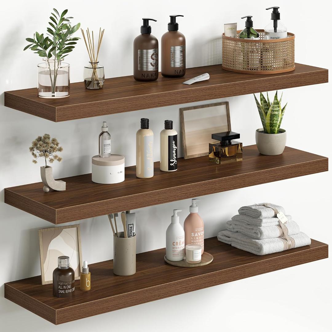 Fun Memories Floating Shelves for Wall 36 Inch Set of 3, Farmhouse Floating Shelves with Invisible Heavy Duty Bracket, 10 Inch Deep Bathroom Shelves for Storage, Living Room, Kitchen, Decor, Walnut