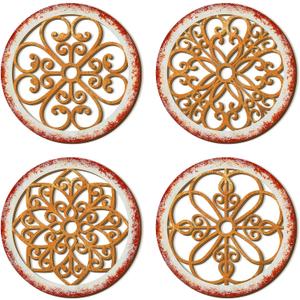 Yulejo 4 Pcs Thicken Rustic Wall Decor Farmhouse Kitchen Wall Round Art Wooden Hollow Carved Design Rustic Art for Living Room Bedroom Hallway Decor (15.7 x 15.7 Inch,Light Brown)