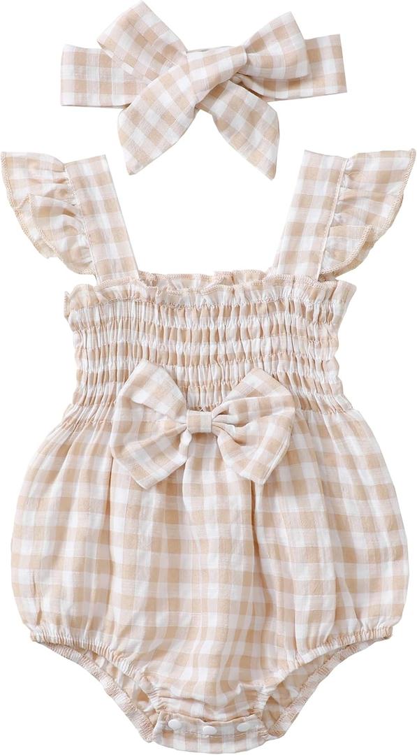 Renotemy Newborn Infant Baby Girl Clothes Rompers Summer Jumpsuits Short Sleeve Romper Infant Baby Clothes Girl (6-12 Months, Plaid Apricot Bow)