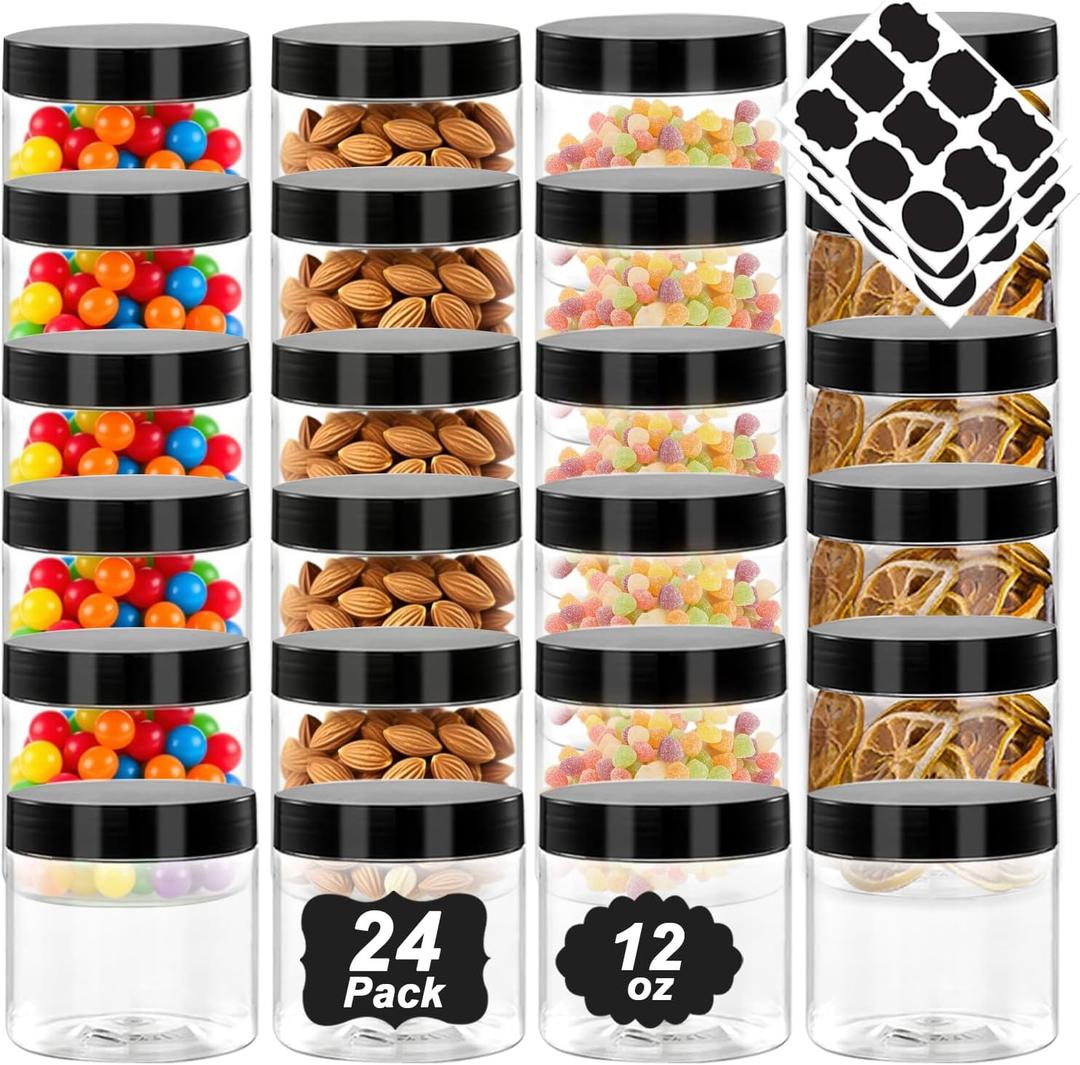 12oz Plastic Jars with Black Lids, 24 Pack Clear PET Jars Containers with Airtight Lids, Leakproof Round Plastic Storage Jar for Dry Food Storage, Candy, Crafts, or Cosmetics