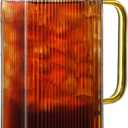 2 Liter/68 oz Square Glass Pitcher with Lid, Classic Stripes Water Pitchers with Handle for Fridge, Large Jug for Iced Tea, Coffee, Borosilicate Glass Carafe for Hot/Cold Brew Drink, Gold