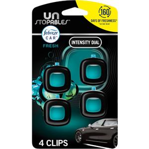 Febreze Unstopables Car Odor-Fighting Car Freshener Vent Clip Fresh Scent, .07 oz. Car Vent Clip, Pack of 4 (Packaging may vary)