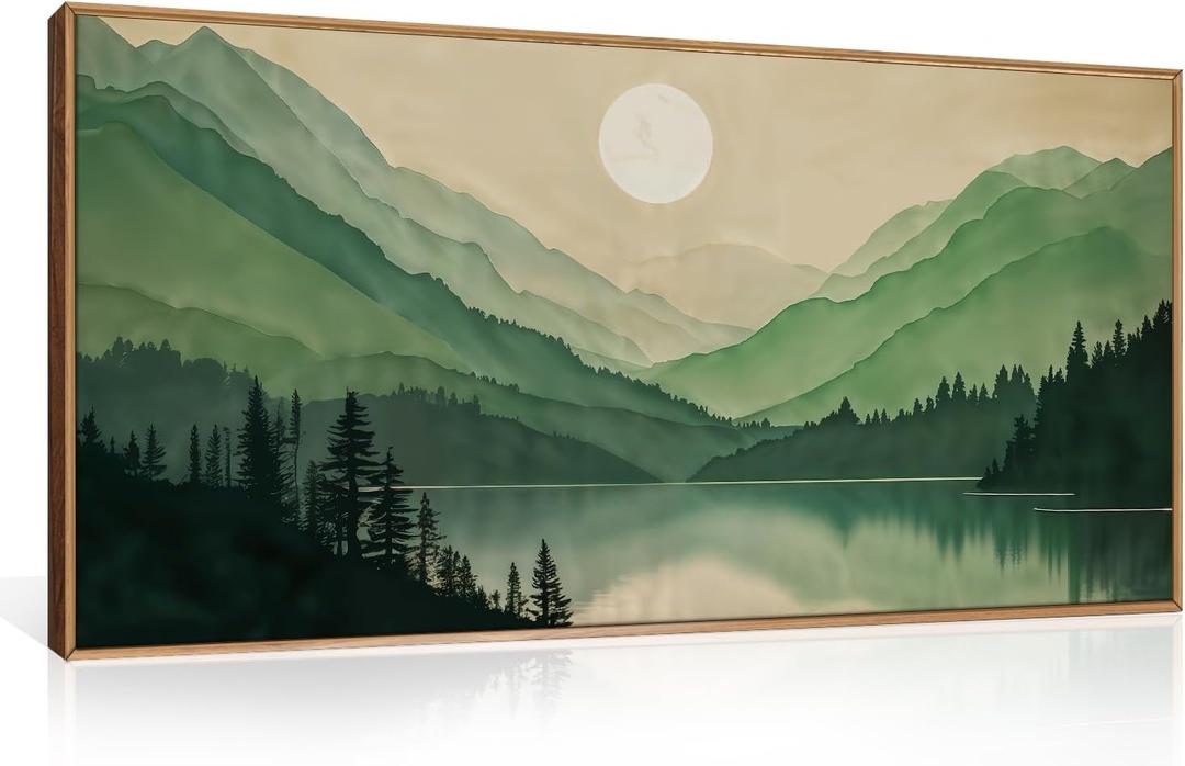 Watercolor Mountain Framed Canvas Wall Art Set, Boho Sun Forest Wall Decor, Green Scenery Wall Painting, Modern Woodland Artworks for Living Room, Bedroom, Dining Room, Office-20 x40x1