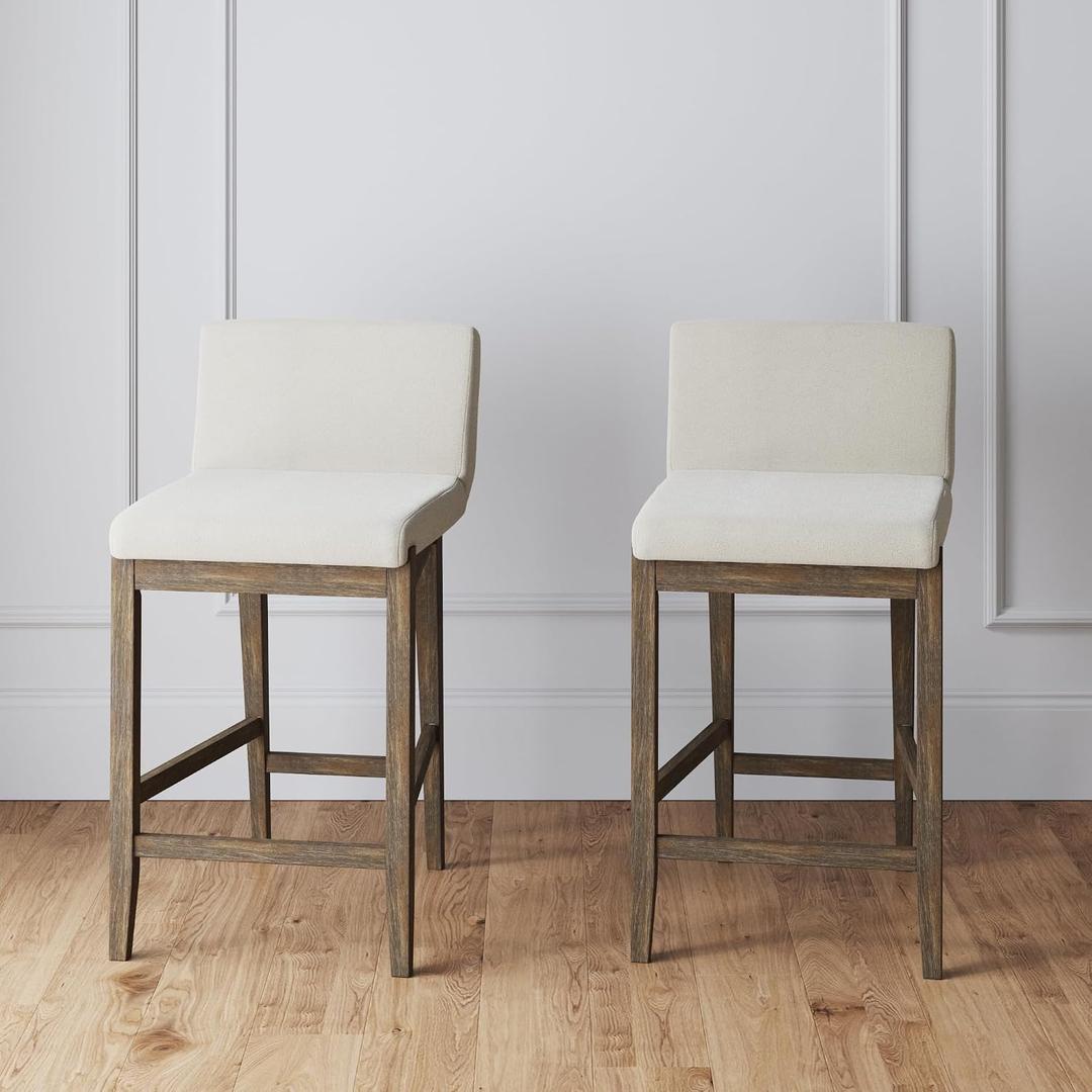 Nathan James Gracie Modern Counter Height Bar Stool with Back, Counter Stool Upholstered Chair with Natural Textured Linen and Brushed Wooden Legs, Cream Boucle/Dark Brown, Set of 2
