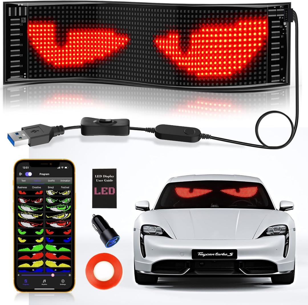 KJOY Devil Eyes Light for Cars, 15''x4'' Flexible Scrolling LED Eyes for Car Window,Bluetooth App Control Programmable LED Sign,Dynamic Personalized Eye Lights for Car Windshield (14.6"x3.6"-1PCS)