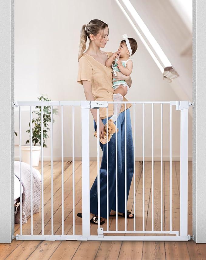 Baby Safety Gate Comomy, The Safety Gate Adjusts to fit Openings Between 29.5 and 48.8 inches wide, Pressure Mount, Auto Close,Walk Thru, White