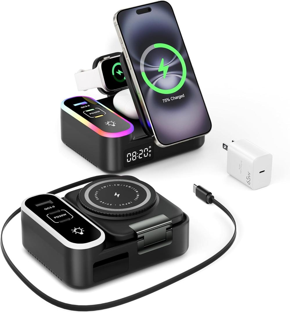 8-in-1 Charging Station 65W, 15W Magnetic Wireless Charger with Retractable Cable, 30W USB C Fast Charging Stand for iPad, Multiple Devices for iPhone 17 16 15 14 13 12 Pro Max Apple Watch Airpods