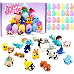24pcs Prefilled with Easter Eggs 3D Printed Animals, Mini 3D Printed Figurines Gifts Toys for Kids Easter Basket Stuffers for Boy Girl School Classroom Prizes Hunt Supplies Party Favors