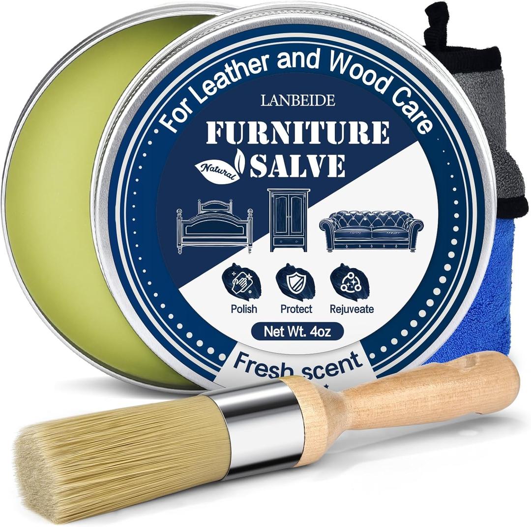 LANBEIDE Furniture Salve with Brush for Leather Wood, Polisher and Conditioner for Leather Couch and Furniture-Repair Salve 4OZ with Brush and Towel LANBEIDE Furniture Salve with Brush for Leather Wood, Polisher and Conditioner for Leather Couch and Furniture-Repair Salve 4OZ with Brush and Towel