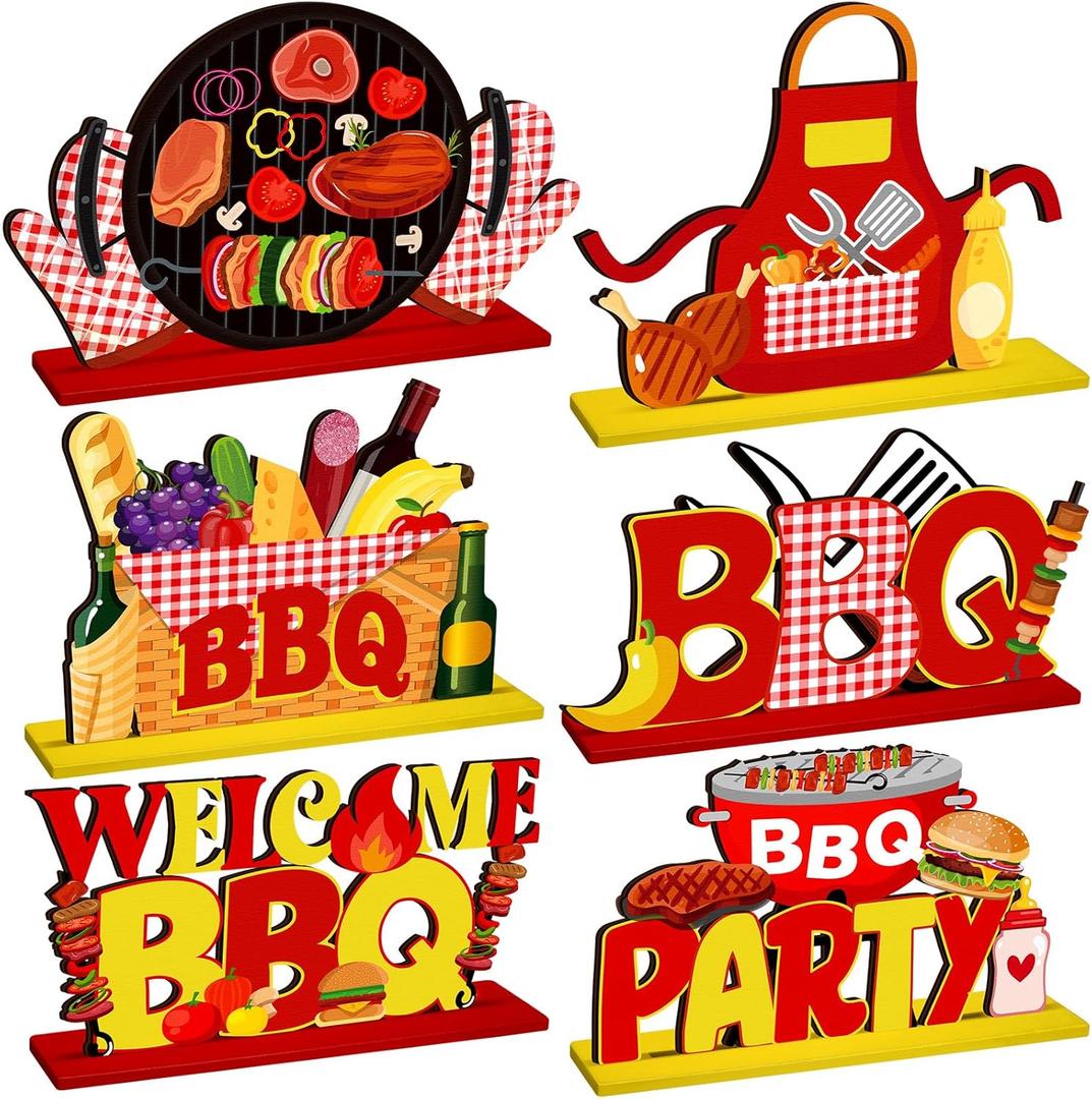 Pickmesh 6 Pcs BBQ Wooden Table Centerpieces BBQ Wood Tabletop Signs Barbecue Themed Party Decorations Home Decoration Birthday Baby Shower Decorations for Summer Carnival Party Picnic Supplies
