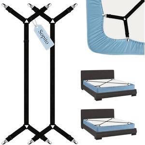 AceOrbit 2 Pcs Adjustable Bed Sheet Fasteners 360 Degree Elastic Sheet Holder Straps Heavy Duty Suspenders Grippers for Full, Queen, King Twin Bed, Fits All Mattress Sizes(Black)