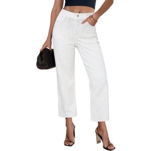 GRAPENT Cropped Jeans for Women High Waisted Straight Leg Embellished Rhinestone Concert Party Night Out Sparkly Jeans (White, M)