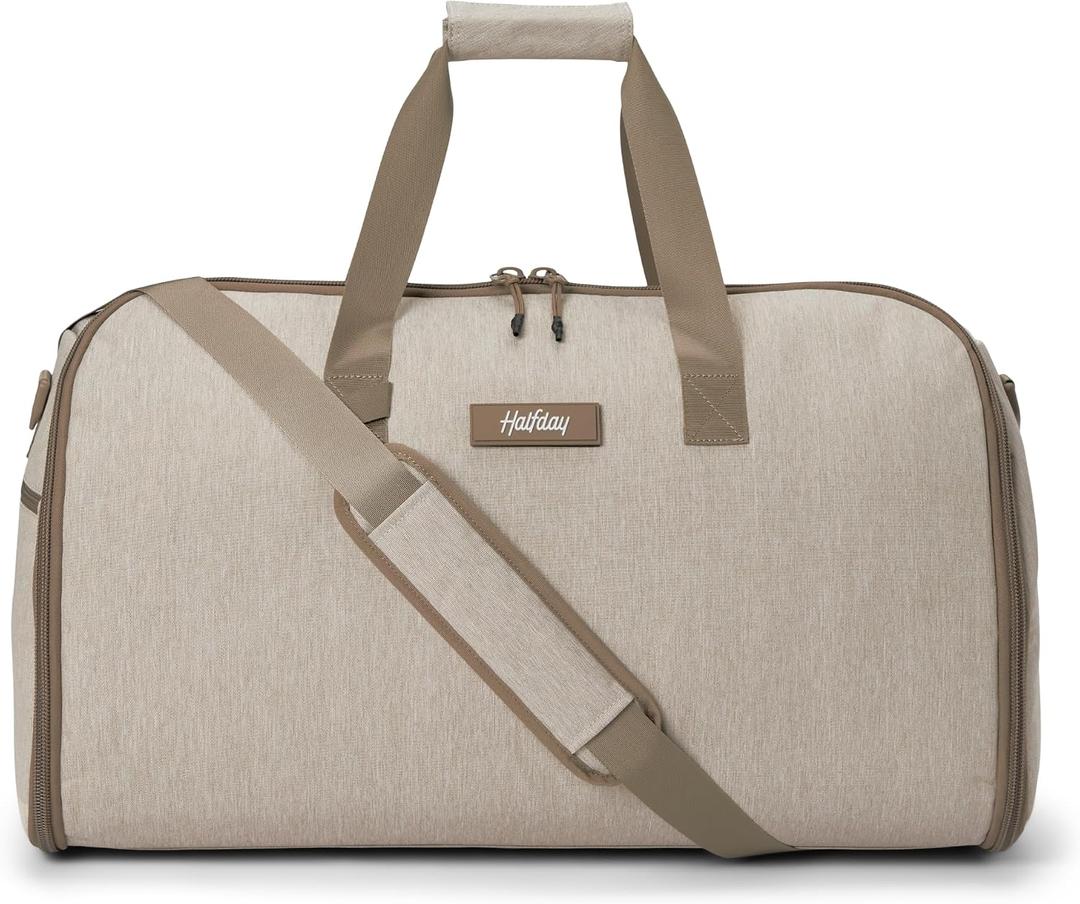 Halfday Convertible 2-in-1 Garment Duffel Weekender Bag 45L: Wrinkle-Free Travel (Hanging Suit Compartment, Shoe Pockets, Trolley Sleeve), Durable & Water-Resistant Carry-on, Stone