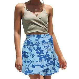 Women's Floral Ruffle Hem Wrap Shorts Casual Summer Elastic Waist Tie Front Zip Up Boho Skirts Skorts 2025 (Medium, Blue)