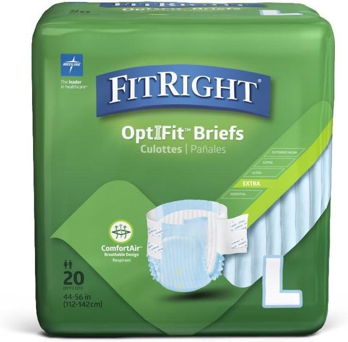 OptiFit Extra Adult Briefs, Incontinence Diapers with Tabs, Moderate Absorbency, Large, 44 to 56", 20 Count (Pack of 4)