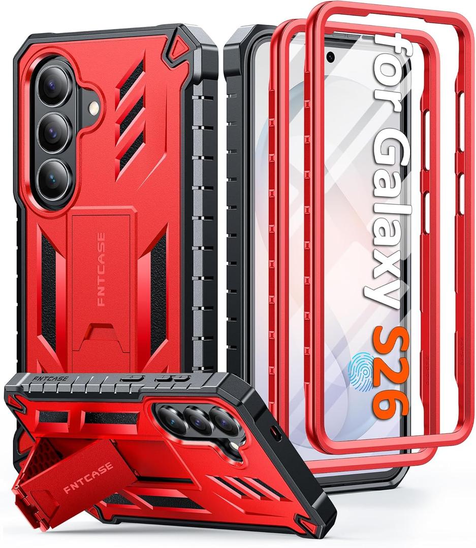 FNTCASE for Samsung Galaxy S26 Case: with [Built-in Screen Protector & Kickstand] [2 Front Frames] [Military-Grade Drop Protection] Heavy Duty Shockproof Rugged Case Full Body Protective Cover Red
