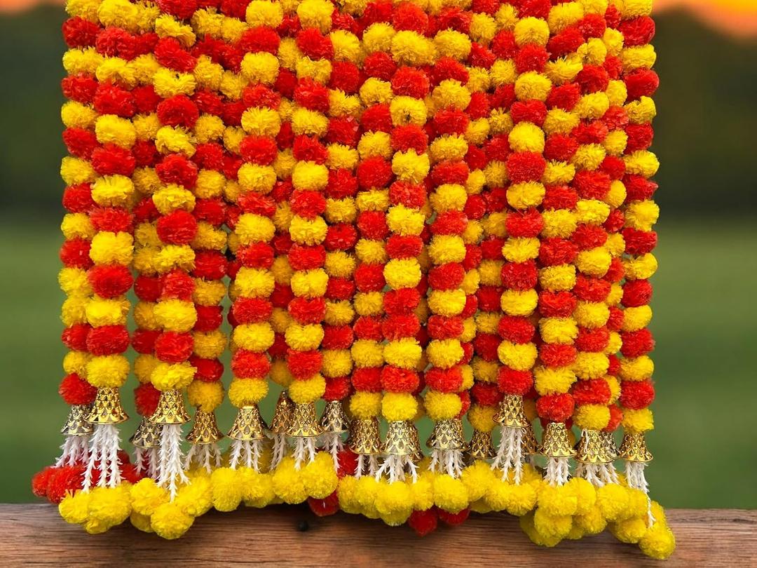 5 Pc 5 feet Long Marigold Garland for Decoration Long Strands Artificial Marigold Flowers | Indian Dcor for Pooja | Wedding | Christmas | Diwali Decor (Yellow & Orange)