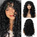 Flufymooz Curly Wig with Bangs for Women, 20 Inch Natural Black Curly Shag Hair Wig, Kinky Curls with Wispy Bangs Heat Resistant Synthetic Wig for WomenNatural Black