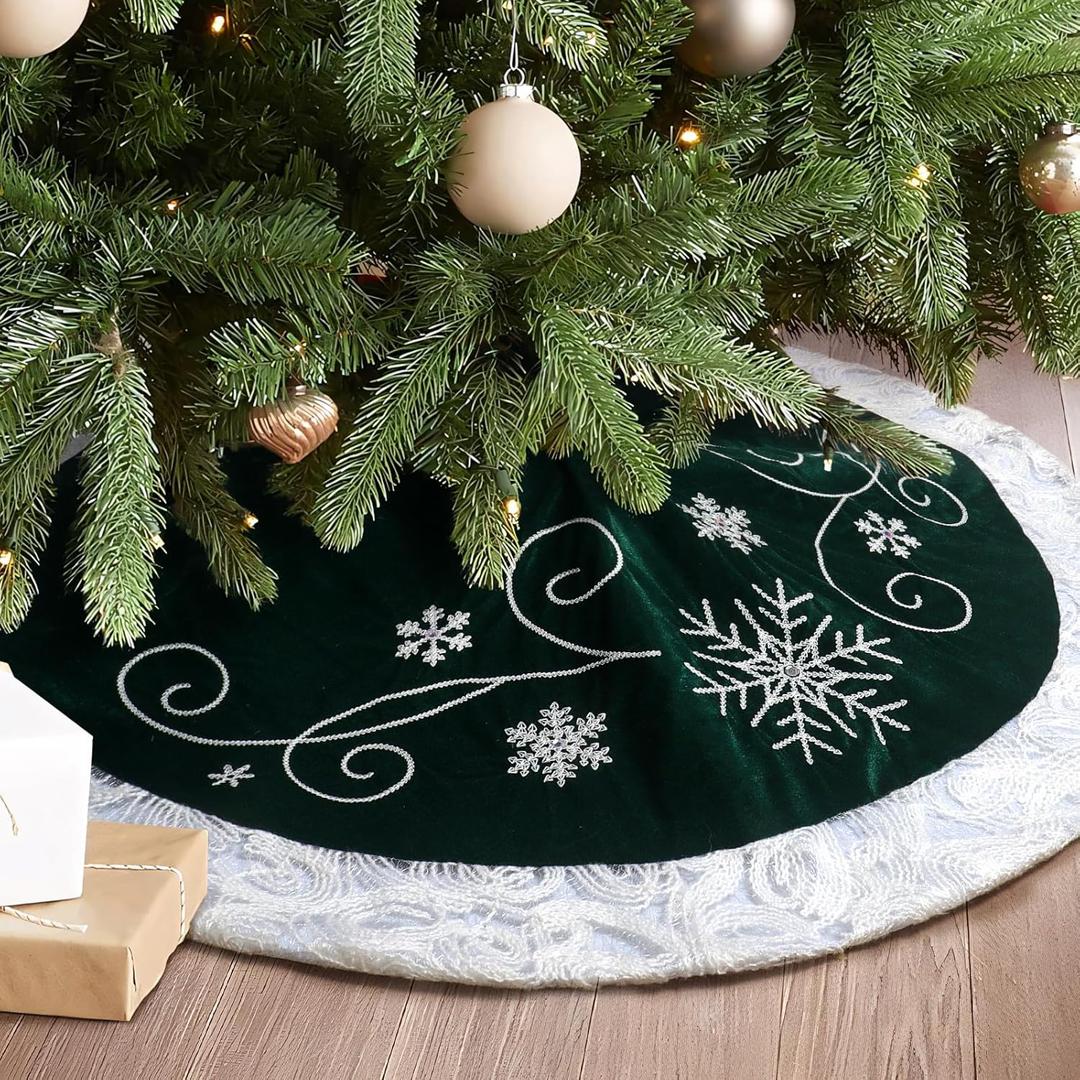 PIKRONSH Christmas Tree Skirt, 32 Inch Green Velvet Tree Skirt with Embroidered Snowflakes Sequins White Trim Border, Holiday Party Tree Decoration