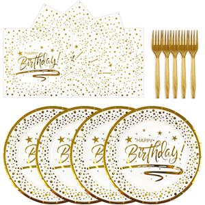 72PCS Happy Birthday Plates and Napkins Party Supplies, White Gold Dot Paper Plates and Napkins with Forks Disposable Tableware Set for Birthday Party Decorations, Serves 24