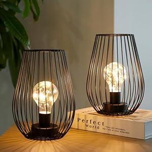 TRIROCKS Metal Cordless Table Lamp - 8'' Tall Set of 2 Cage Shape Battery Operated Lamp with Fairy Lights Bulb for Indoor/ Outdoor Use Perfect for Christmas Garden and Weddings (Black, Set of 2)