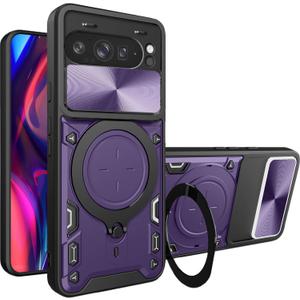 Case for Google Pixel 10 Pro XL with Slide Camera Lens Cover for Men, Military Shockproof Protective Cover with Magnetic Ring Kickstand for Google Pixel 9 Pro XL JS Purple
