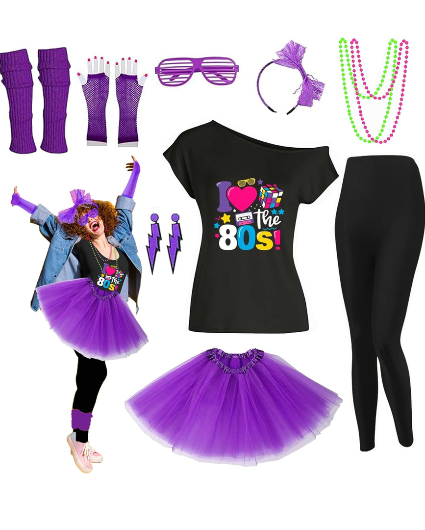 Xintorch 80s Outfit Women Costume Accessories Set T Shirt Leggings Tutu Skirt Neno Party Leg Warmers Headband, XXXL