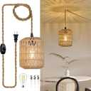 Plug in Pendant Light with 6W LED Bulb Warm Light(3000K) Dimmable Switch Cute Rattan Hanging Lamp Cord 15ft Hand Woven Plug in Chandelier Boho Hanging Lights Fixture for Bedroom Kitchen