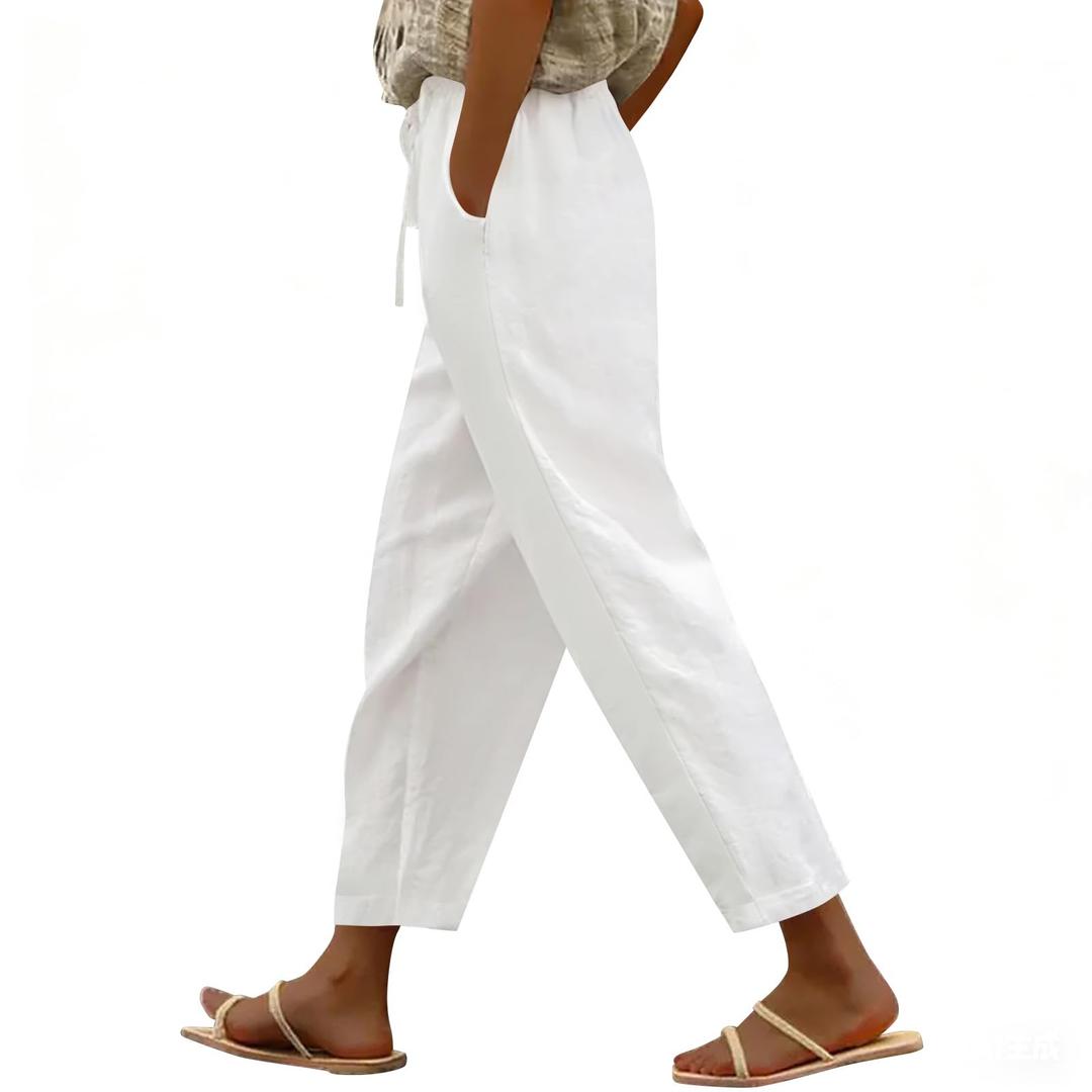 Puimentiua Cotton Linen Pants Women Casual Lightweight Elastic Drawstring Waist Summer Vacation Beach Pants with Pockets XL