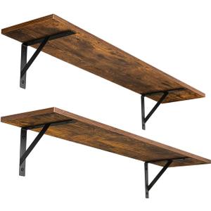 DINZI LVJ Long Wall Shelves, 31.5 Inch Wall Mounted Shelves Set of 2, Easy-to-Install, Wall Storage Ledges with Sturdy Metal Brackets for Living Room, Bathroom, Bedroom, Kitchen, Rustic Brown