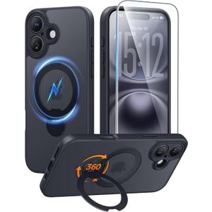 FNTCASE for iPhone 16 Case: [360 Spin Magnetic Stand] [Compatible with Magsafe] [Screen Protector] Translucent Matte Military Grade Shockproof Full Camera Protective Phone Cover - Black