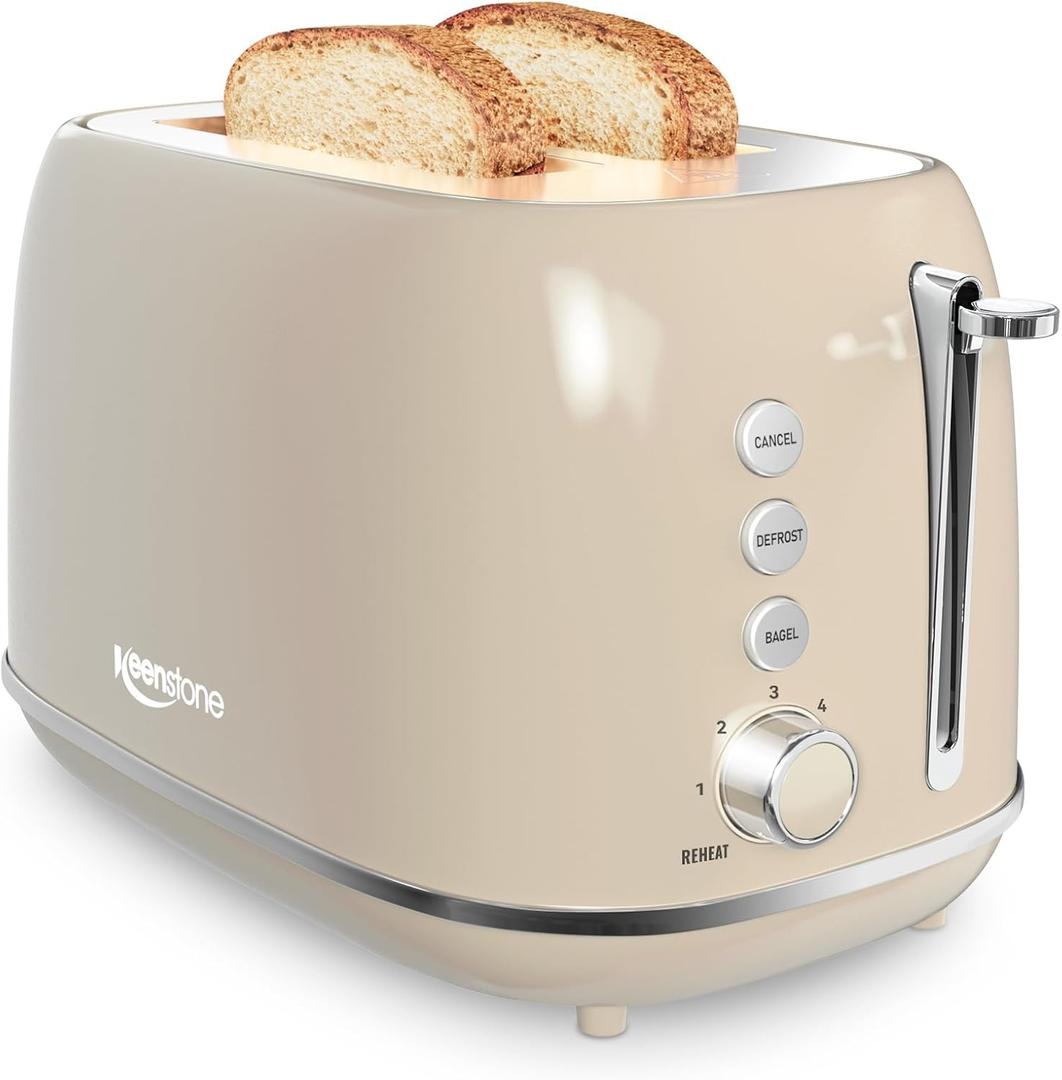 2 Slice Stainless Steel Toaster Retro with 6 Bread Shade Settings, Bagel, Cancel, Defrost Function, 2 Slice Toaster with Extra Wide Slot, Removable Crumb Tray, Tauge (Taupe)