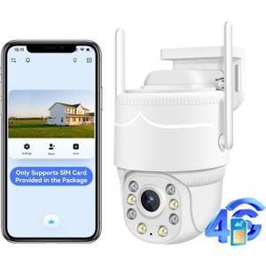 4G LTE Cellular Security Camera Outdoor/Home/Dome,No WiFi Camera Plug-in Power,Pan-Tilt 355 View,Motion Detection and Siren,2-Way Audio,Full Color Night Vision,Waterproof(SIM Card Included)
