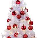 Sumind 24 Inch/2 ft Mini White Christmas Tree Tabletop Small Tree with Lights 24 Pcs Christmas Ball Ornaments Star Pre-lit Artificial Pine for Xmas Table Home Indoor Decoration(Red)