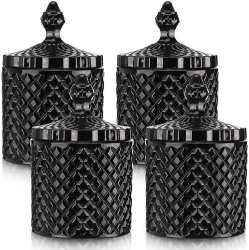 Aoriher 4 Pcs Crystal Glass Candy Jar Set with Lids Home Decorative Storage Jars for Apothecary, Bathroom, Kitchen, and Pantry, Ideal for Cotton Swabs and Jewelry(Large,Black)