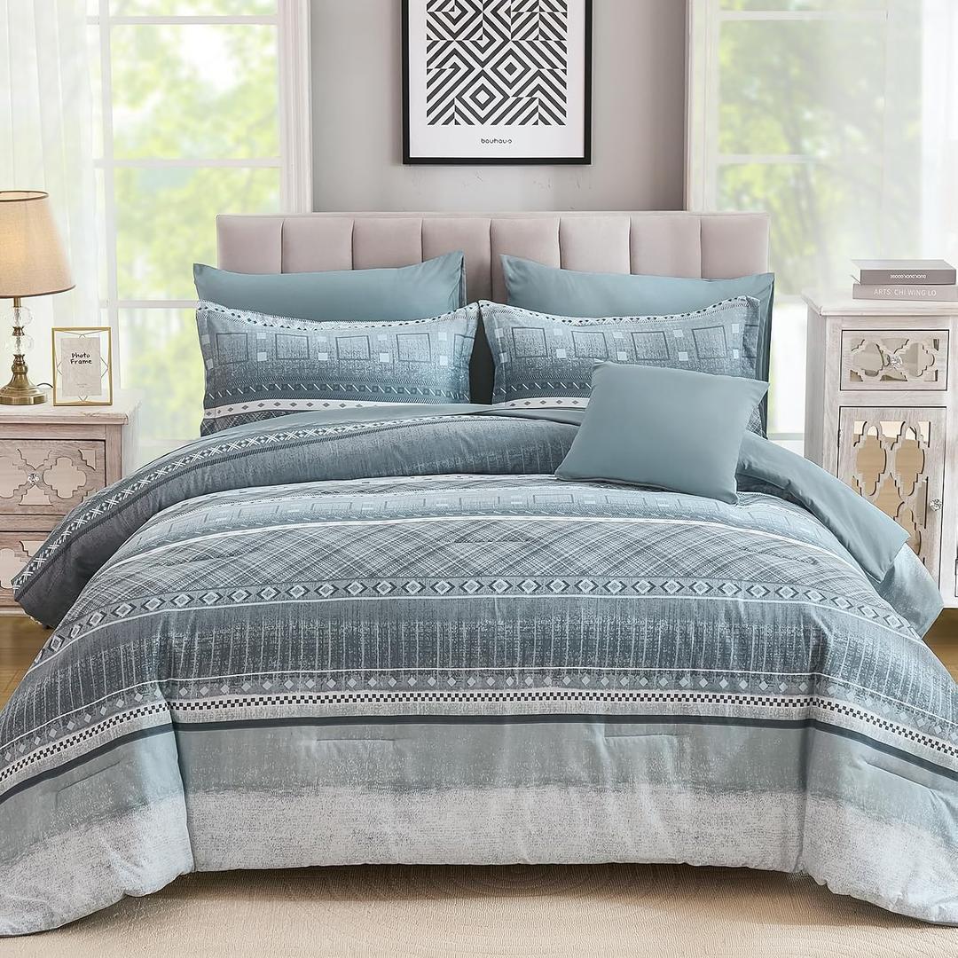 WONGS BEDDING 8 Piece Queen Size Comforter Set, Blue Striped Bed in a Bag Comforter and Sheet Set, Boho Lightweight Microfiber Bedding Set for All Season (90"90")