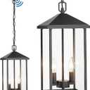 Large Outdoor Pendant Light Matte Black Hanging Light Fixture Ceiling Mount 2-Light, Dusk to Dawn Modern Large Outdoor Chandelier with Clear Glass Exterior Pendant Lights for Porch Patio