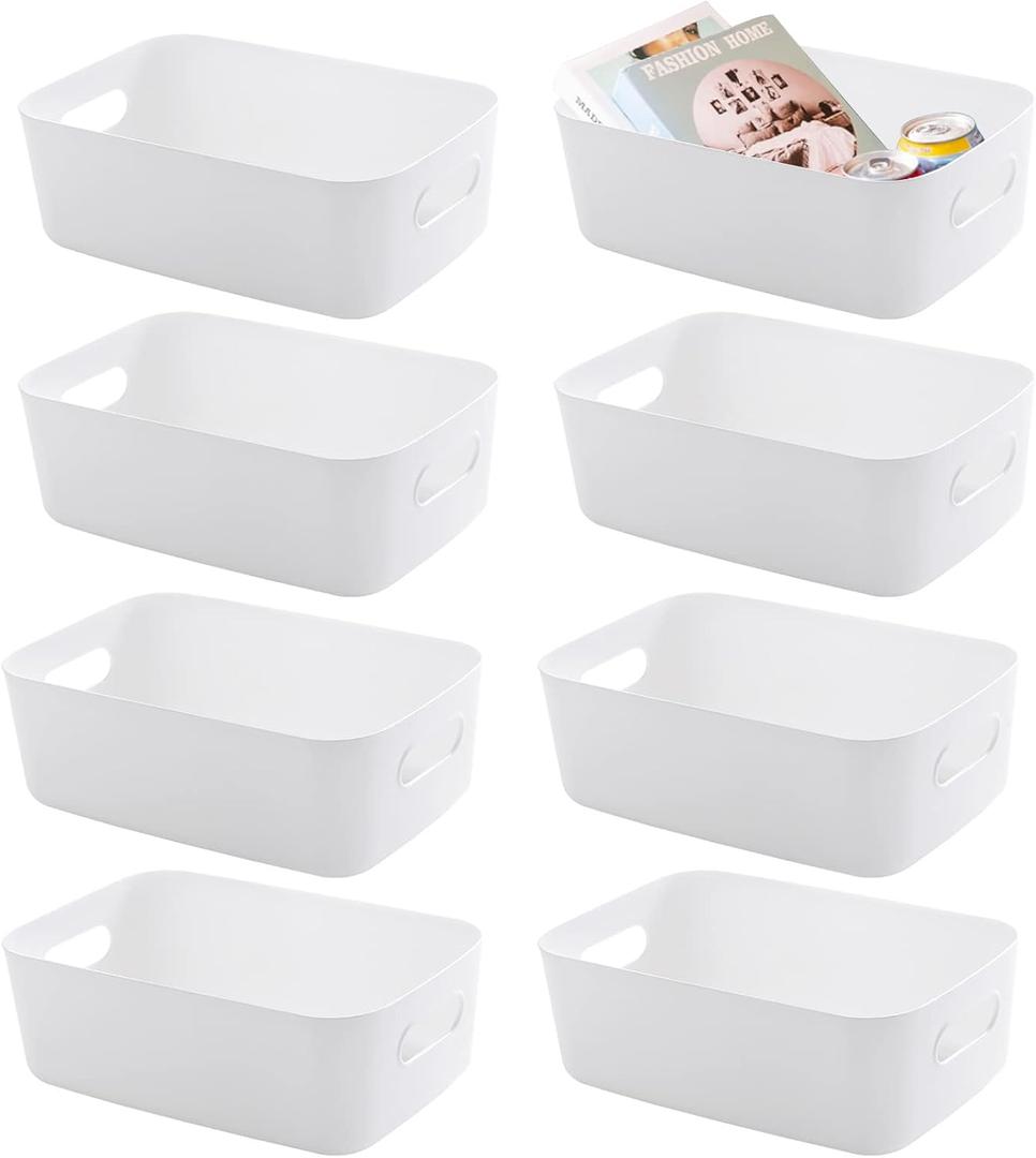 12 Pieces Plastic Storage Bins Basket with Handles Toy Organizers and Storage Bins for Home Cupboard Kitchen Bathroom Office Pantry Organization(9.6 X 6.3 X 3.9 Inch,White)