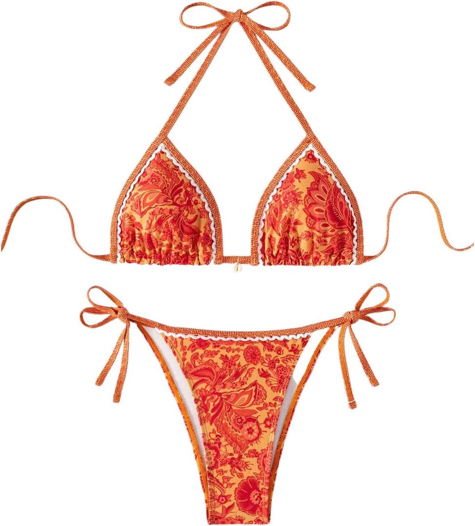 WDIRARA Women's 2 Piece Boho Swimsuits Floral Print Halter String Triangle Bikini Set Beach Bathing Suit (Large, Orange Multicolor)