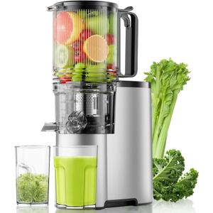 Cold Press Juicer, 5.3" Wide Feed Chute Juice Extractor Machine with 400W, High Juice Yield, Slow Masticating Juicer for Whole Vegetables & Fruits, Metallic Silver
