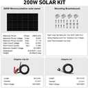 DOKIO 200W 18V Solar Panel Kit Monocrystalline with Aluminum Frame and MC4, Mounting Brackets, Alligator Clips & 5m Cable for RV, Boat, Roof, Cabin, Off-Grid (Controller Required)
