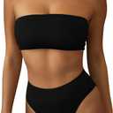 Pink Queen Women's Removable Strap Pad High Waisted Ribbed Bikini Black Size S
