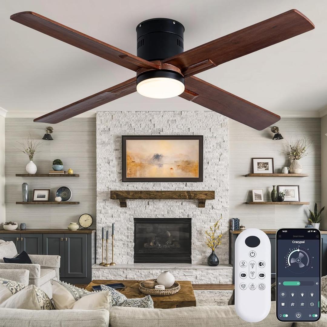 Coolwind 52 Inch Walnut Solid Wood Flush Mount Ceiling Fan with Light, Medium