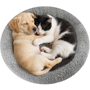 Enjoying Plush Cat Bed Mat Diameter 19.5" Round Pad with Pillow Around for Cats Dogs Relying/Curling Sleep Warm Dog Cushion for Crates, Antiskid Bottom, Large, Gray