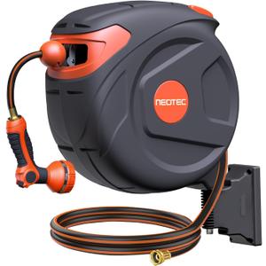 New Retractable Garden Hose Reel 5/8 inch x 65 ft Any Length Lock 9 Pattern Nozzle Wall-Mounted Automatic Slow Return 180 Swivel UV Resistant Heavy Duty Hose Reels for Outside