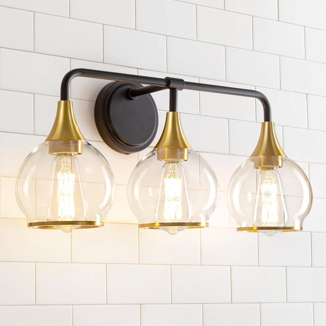 Black and Gold Bathroom Vanity Light 3-Lights Bathroom Light Fixtures Over Mirror with Clear Glass Shade 22.4 inch Wall Sconce Lighting Bath(Exclude E26 Bulb)