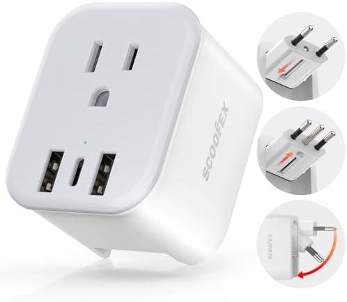 Travel Plug Adapter - SCOOFEX Foldable Power Plug with 3 USB (1 USB C Port) and 1 AC Outlets Charger for US to Most of Europe - EU France Germany Spain Italy（Type C/L Helix