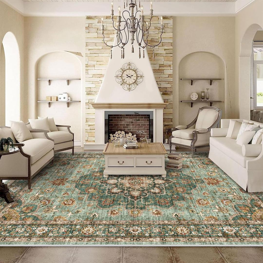 Washable Oriental Area Rug - 9x12 Rugs for Living Room Soft Carpet for Bedroom Waterproof Floral Distressed Indoor Stain Resistant Non-Shedding Floor Carpets (Green, 9x12) (9' x 12')