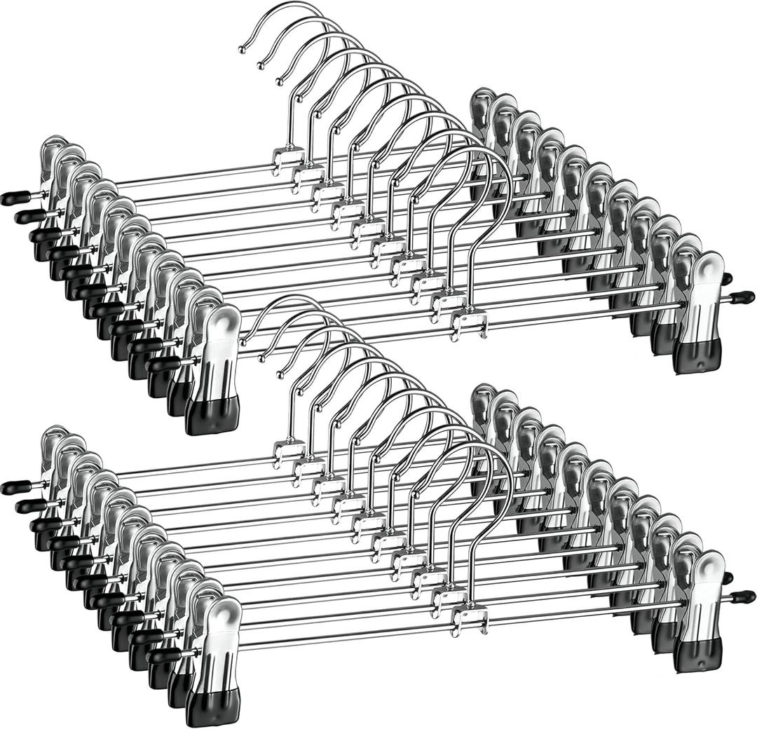 ZOBER Metal Pants Hangers with Clips - Pack of 20 Space Saving Skirt Hangers for Women - Chrome, Non-Slip, Adjustable Clips, for Pants, Skirts, Jeans Closet Organization, College Dorm Essentials