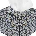 PEMAR Handcrafted Wooden Tissue Box Cover for Small Cube Tissue Boxes Only (Max Inner Size 4.7)  Mother of Pearl Inlay Decorative Tissue Holder for Bathroom, Living Room & Office (White Vines)